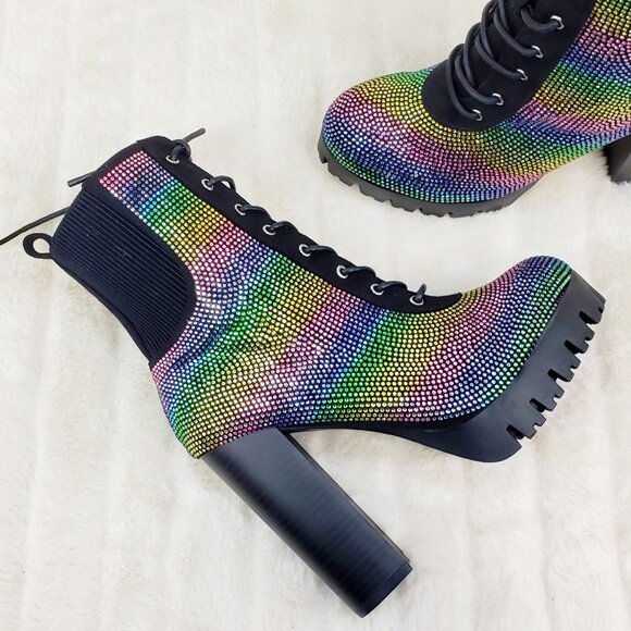 Rainbow Sparkle Rhinestone Chunky High Heel Ankle Boots - Picture 8 of 17